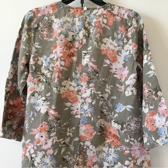 J. Jill 100%  Linen  Floral Ruffle Hem 3/4 long sleeves Crew Neck Relaxed Dress - Picture 7 of 16